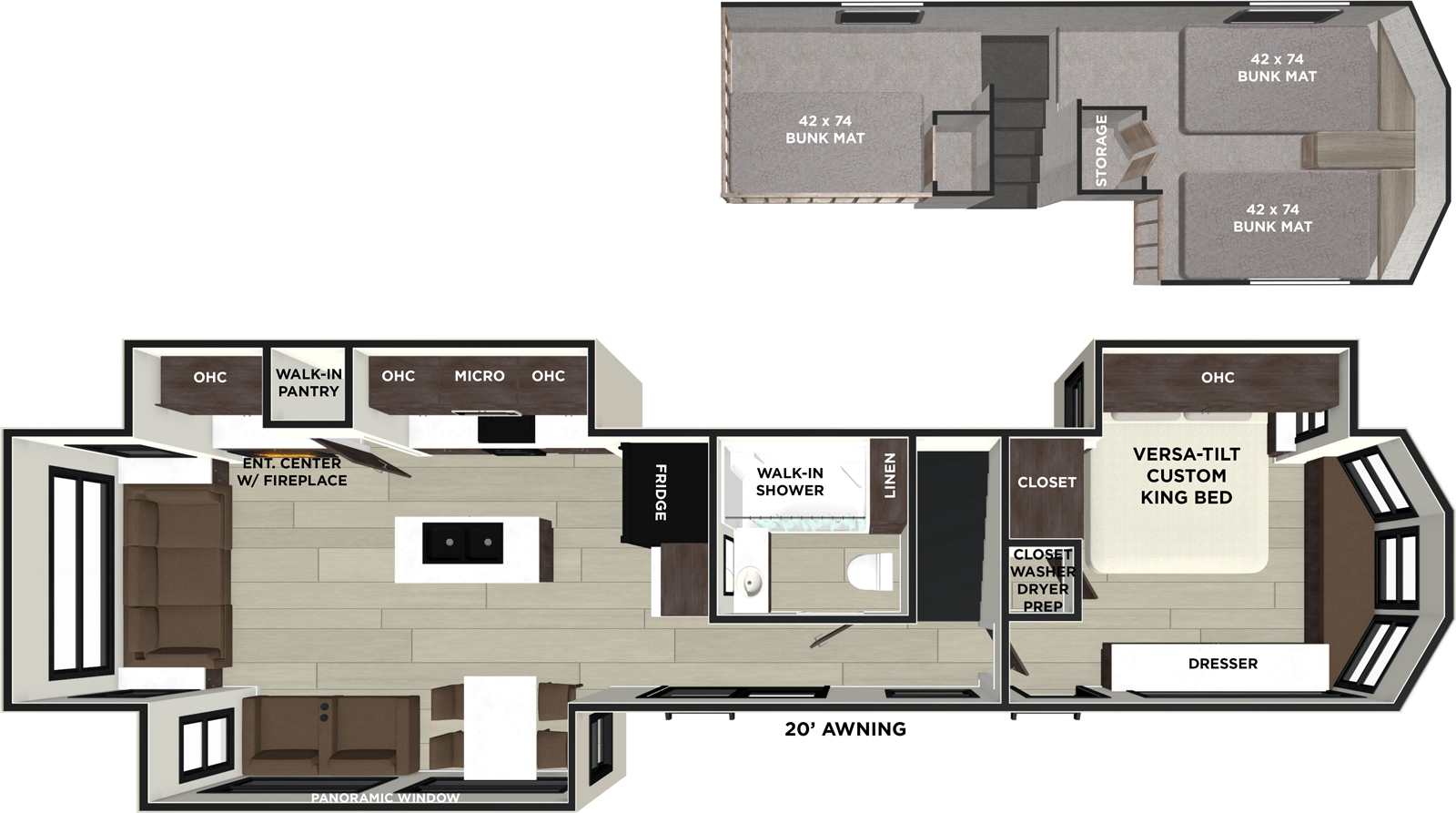 The Wildwood Lodge 42DL has two entries and three slide outs. Exterior features include: metal or fiberglass exterior and 20' awning. Interiors features include: loft, kitchen island, free-standing dinette option, front bedroom and rear living.